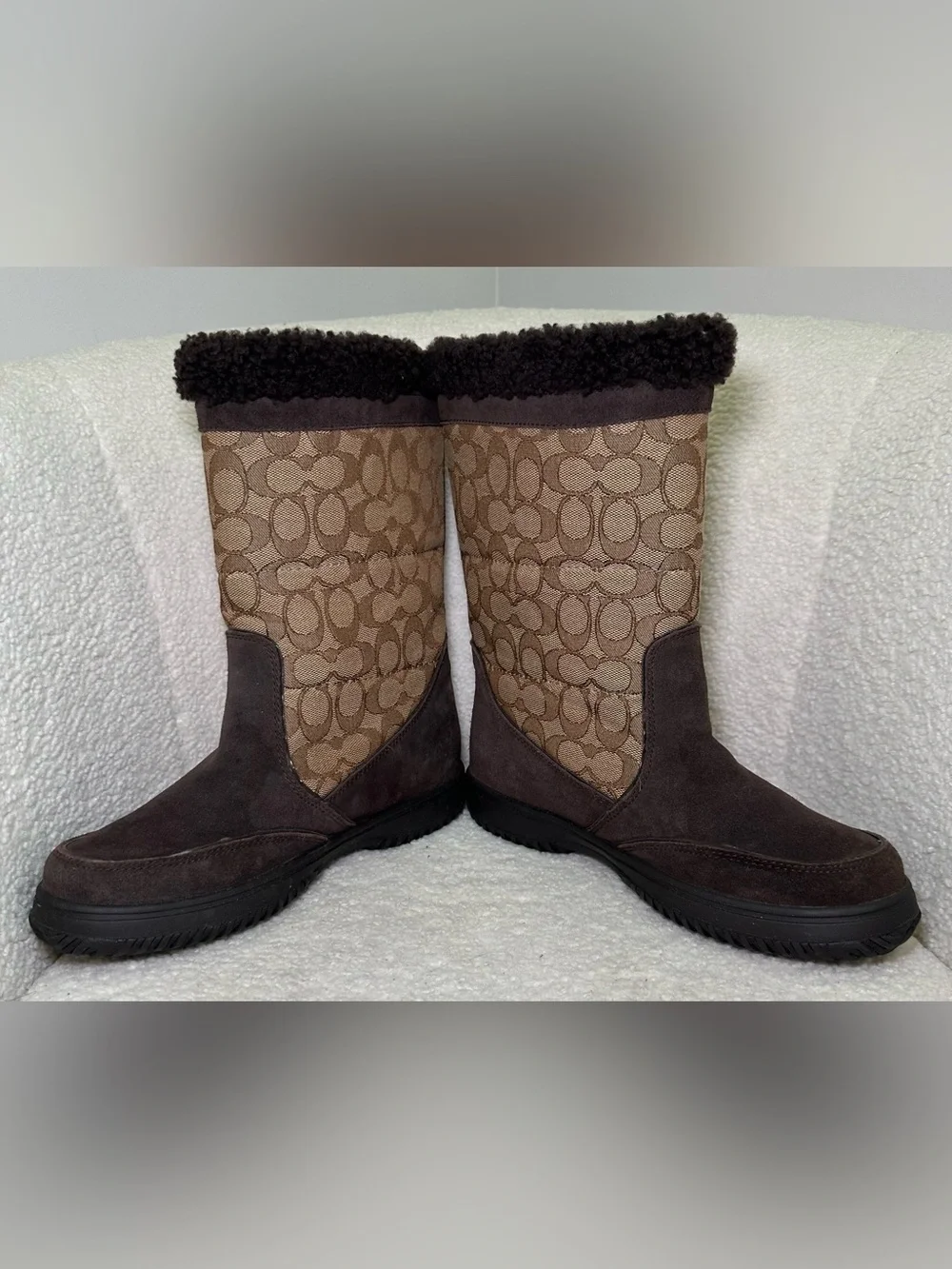 Coach Sherman Signature Logo Shearling Trim‎ Winter Snow Boots Brown Suede 8.5